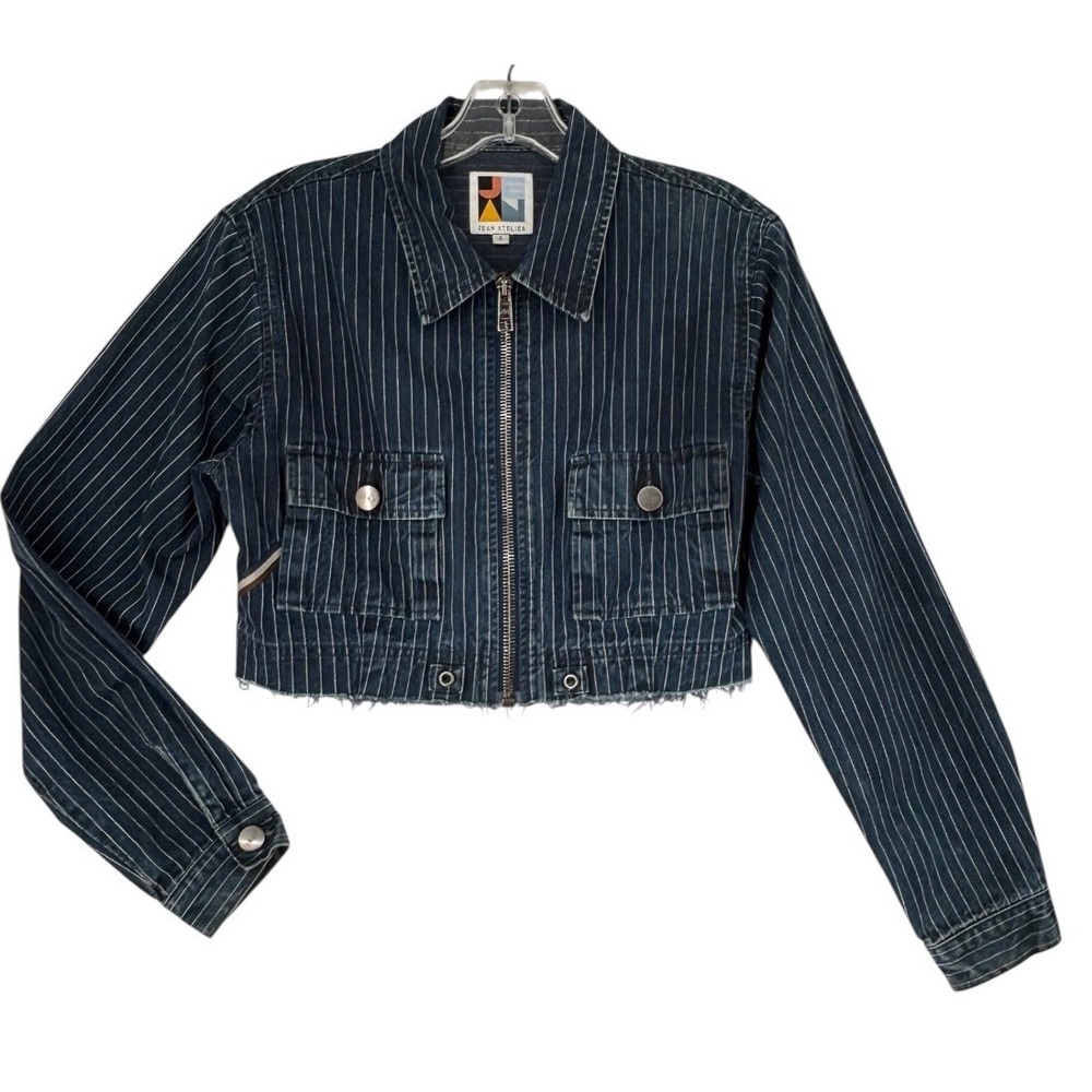 Jean Atelier Cropped Pinstripe Denim Jacket Womens S Blue Zip Up Raw Hem